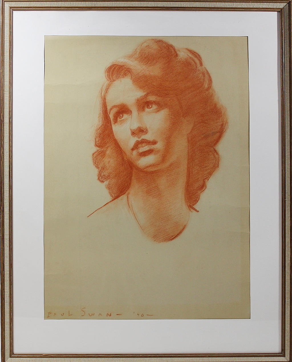 PAUL SWAN. rödkrita, kvinnoporträtt, signerad daterad 1940.