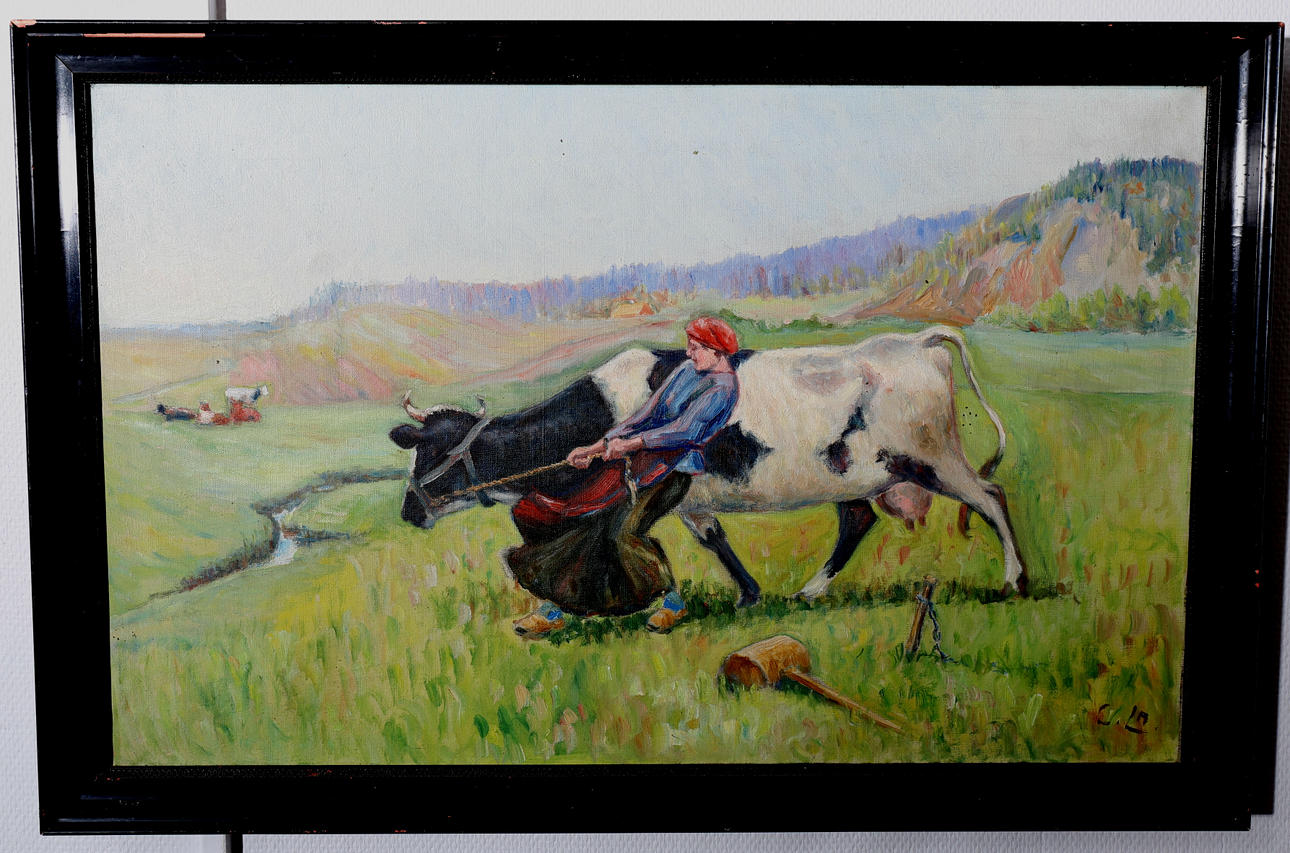 OIDENTIFIERAD KONSTNÄR. Olja på duk, Ko på bete, monogramsignerad C LA, 1920-tal.