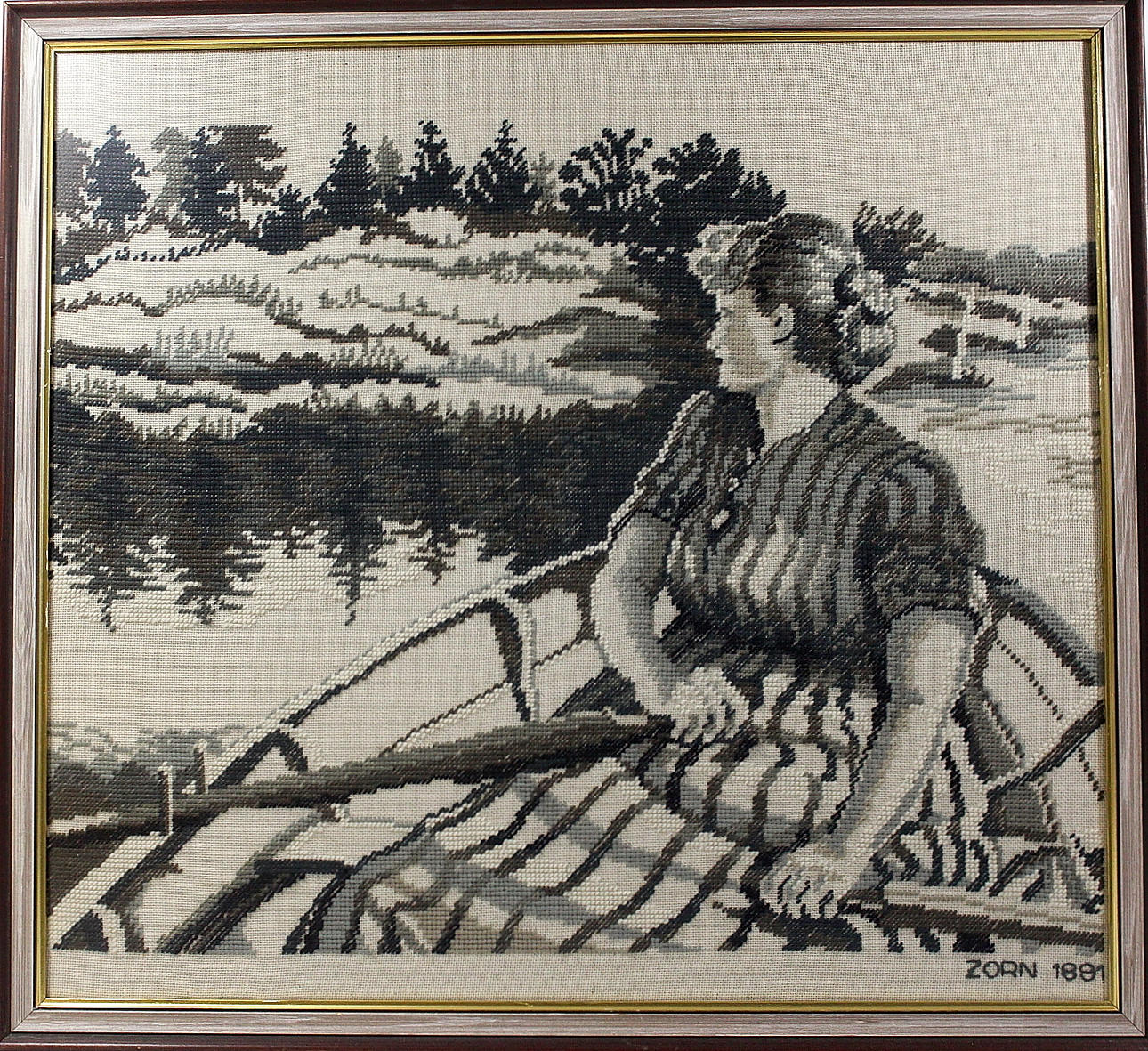 OIDENTIFIERAD KONSTNÄR. textilkonst, "midnatt" efter förebild Anders Zorn.