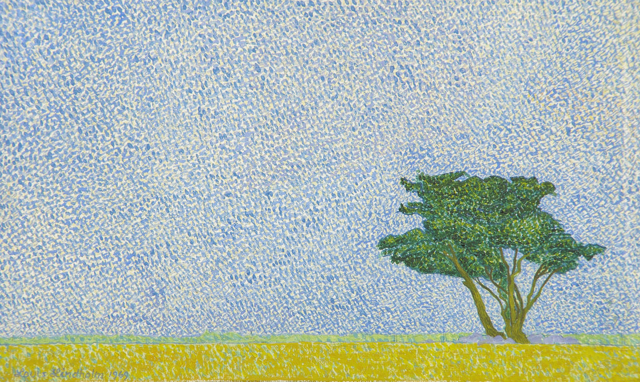 LOUIS LINDHOLM. Landskap med träd, blandteknik, signerad 1969.