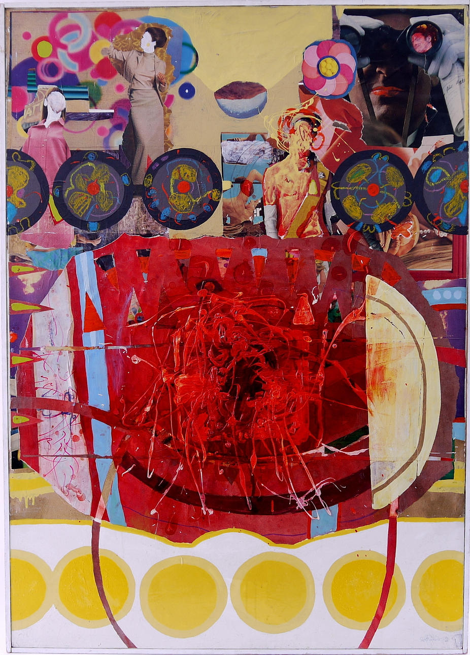 ROLF BIRKNER. "Zentren über mehreren Sonnen" olja och papper collage på duk.