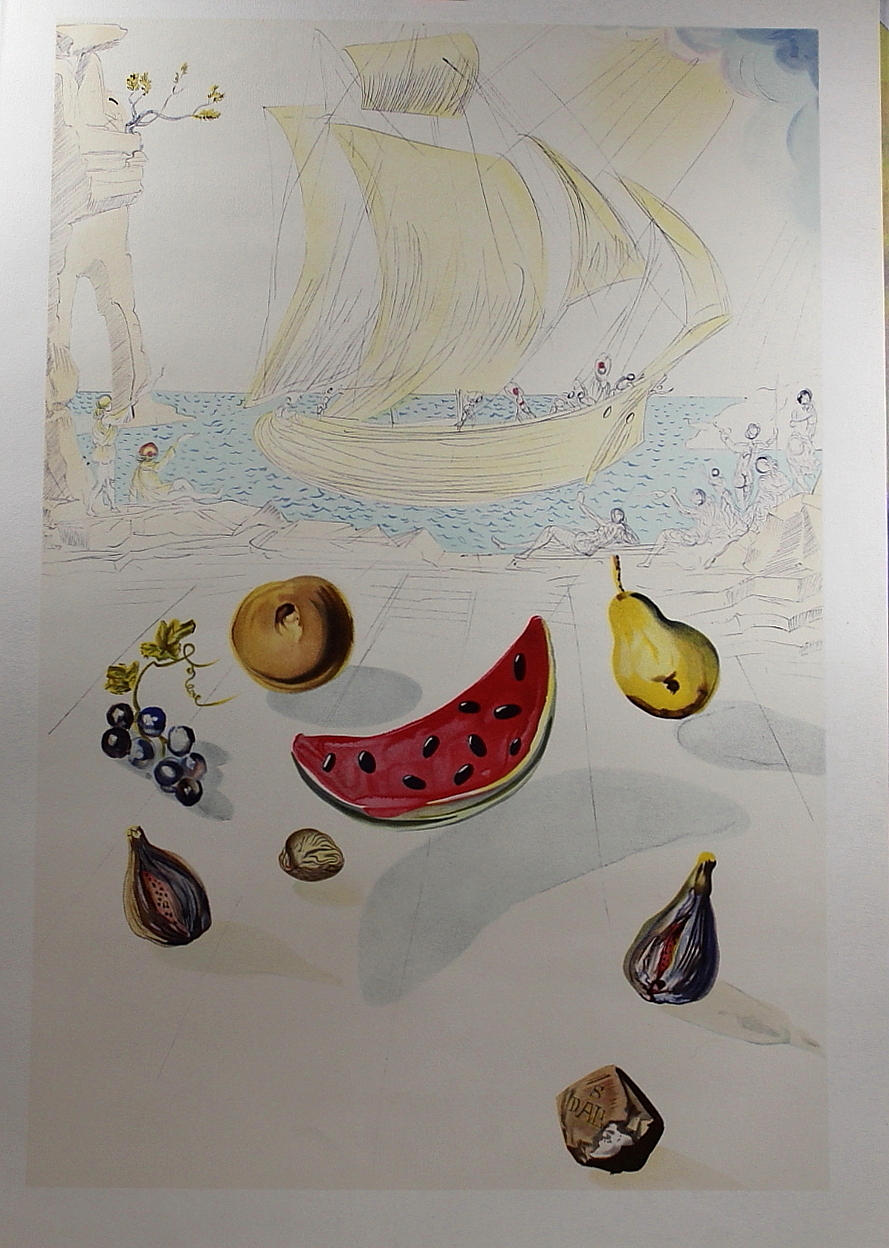 SALVADOR DALI. färglitografi, " Ship and fruits " signerad i plåten.