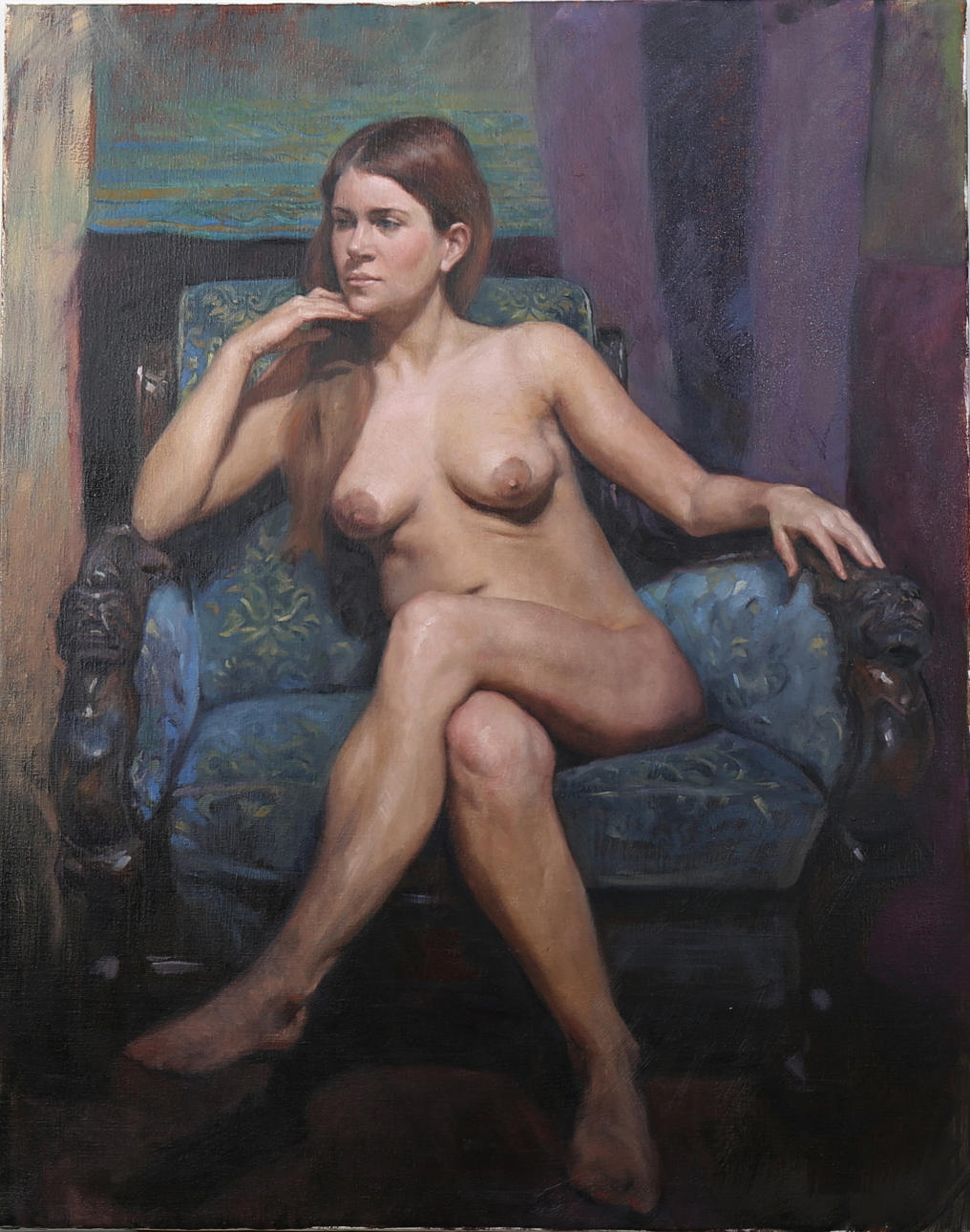 THEODORA DANIELA CAPAT. Sittande modell Andren, olja på duk, signerad.