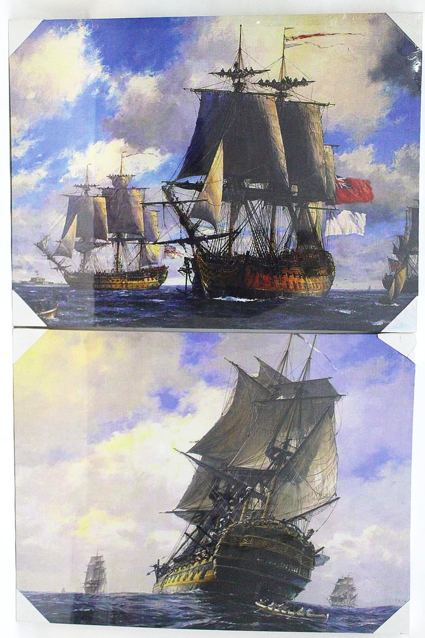 OIDENTIFIERAD KONSTNÄR. tryck på väv i spännram, Örlogsskepp, ej signerade.