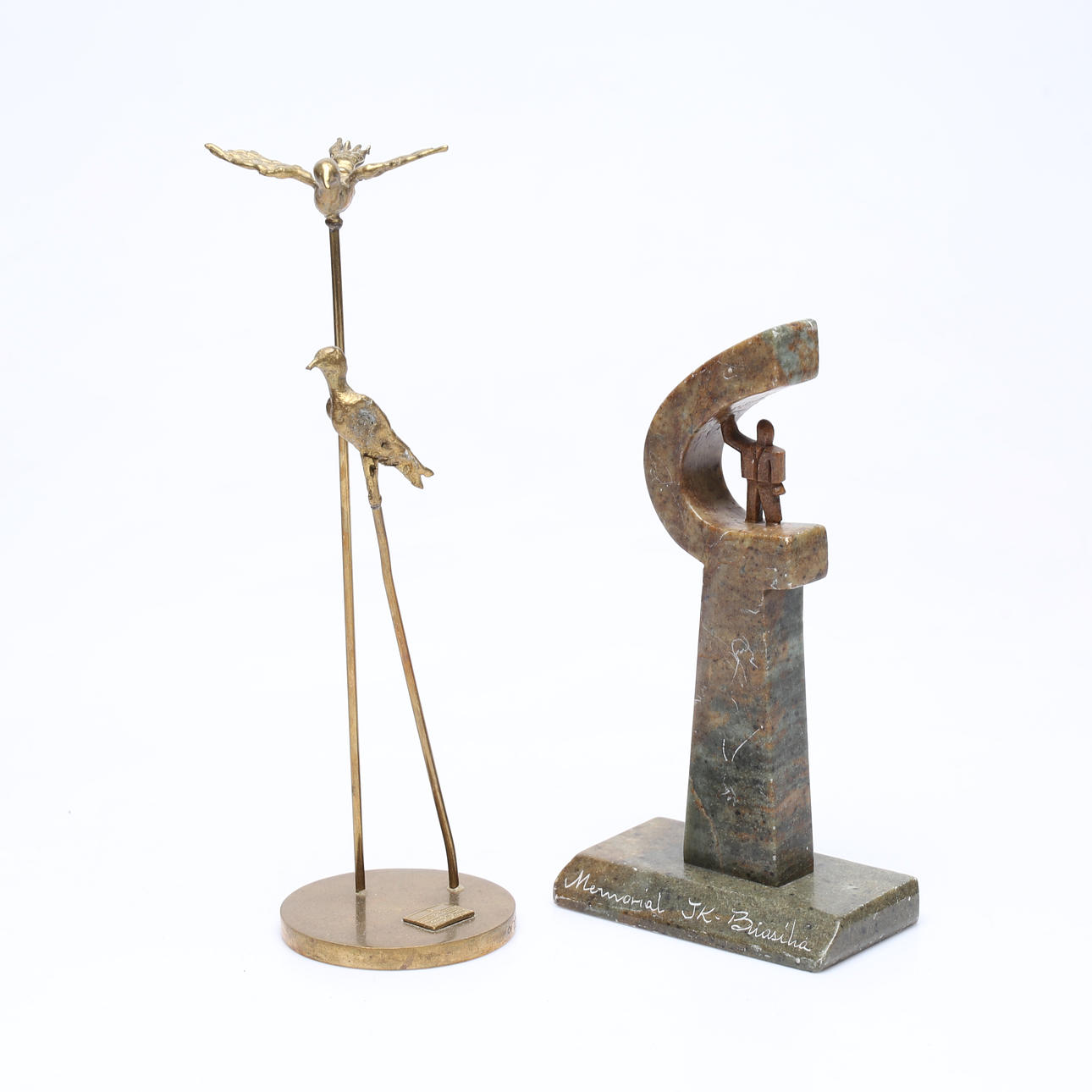 TWO SCULPTURES, brass and stone.