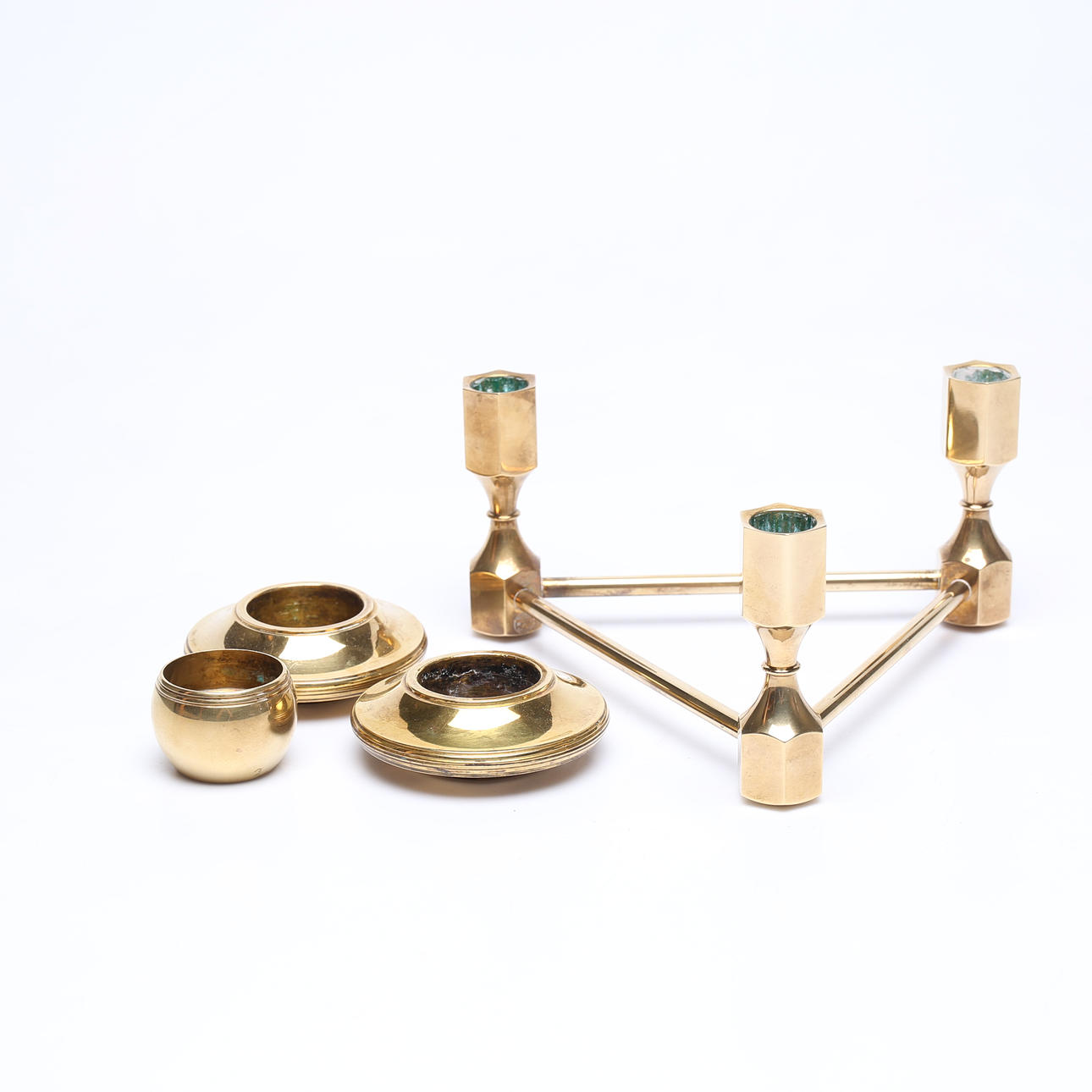 CANDELABERS and CANDLESTICKS 3 pcs, brass, including Gusum.