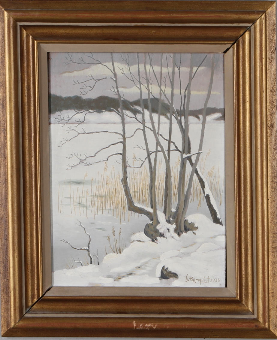 OIDENTIFIERAD KONSTNÄR. olja på pannå, signerad S. Palmqvist, daterad 1936.