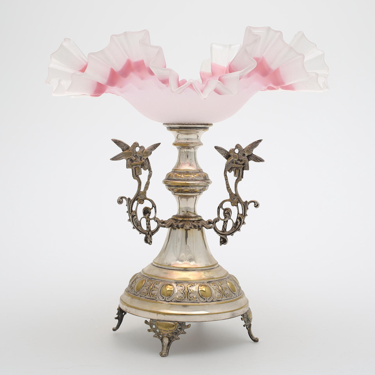 SKÅL, veckad glasskål på nysilverfot, 1800/1900-tal.