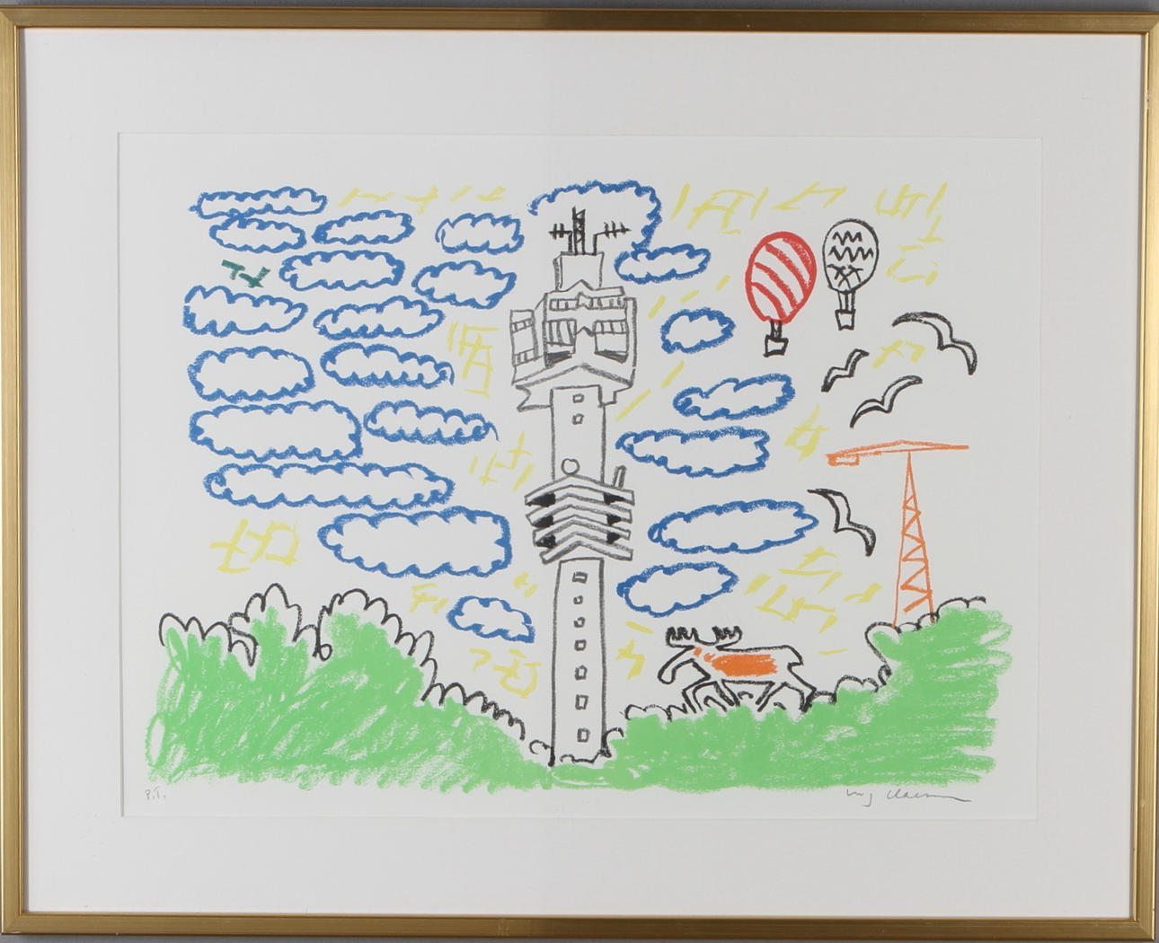 STIG "SLAS" CLAESSON. Kaknästornet, litografim, signerad, P.T.