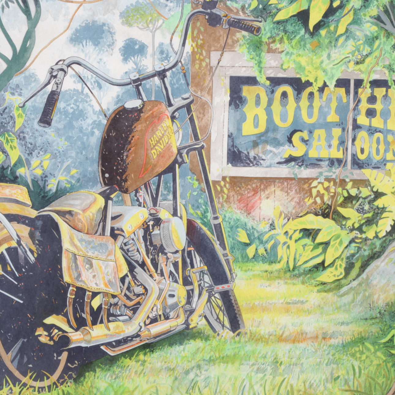 ROBERT BENSON. Färglitografi, Harley Davidson vid bar, signerad samt numrerad 29/150.