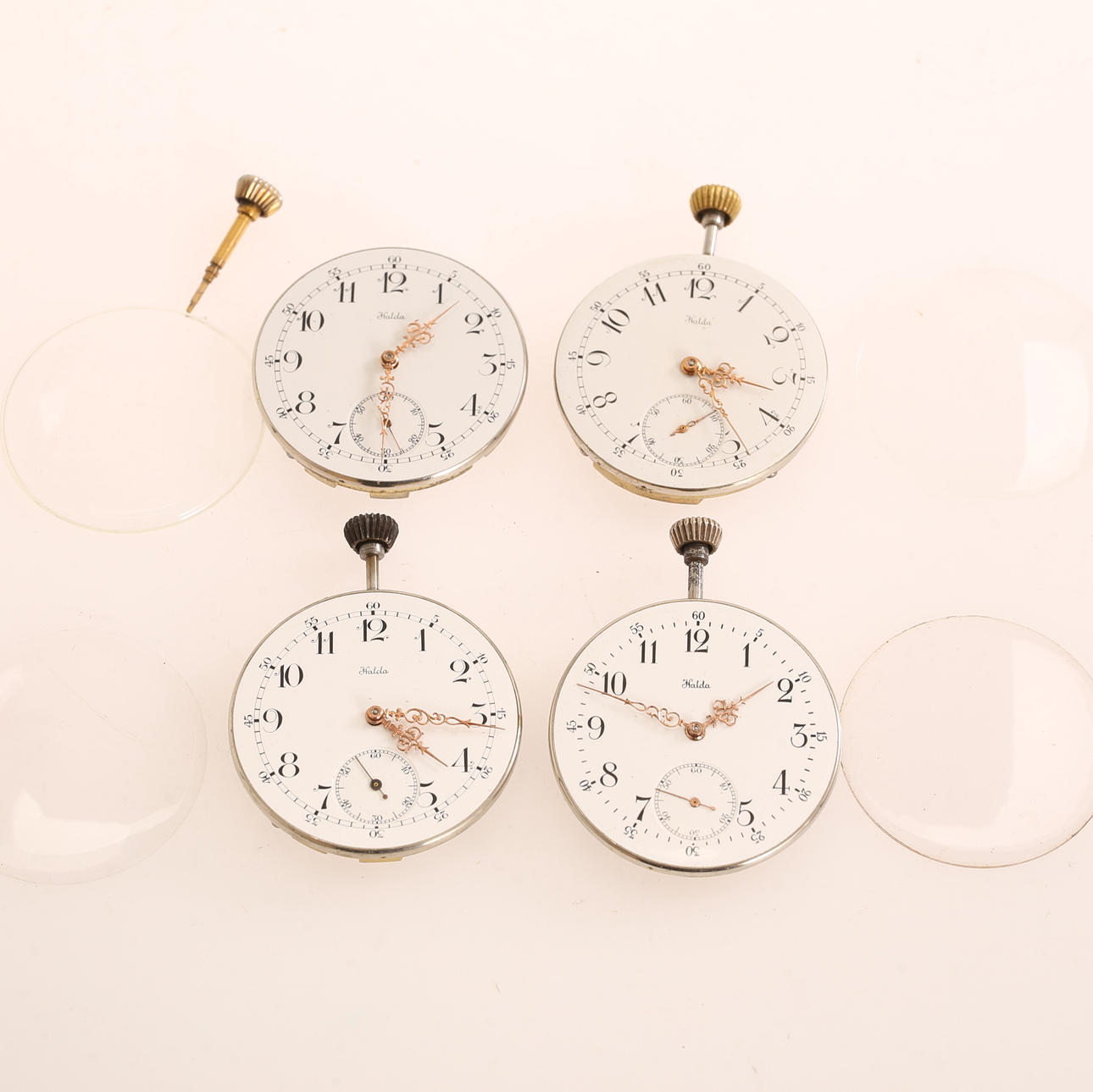 RESERVEDELE, til lommeure, 4 stk., „Halda“, 20. århundrede.