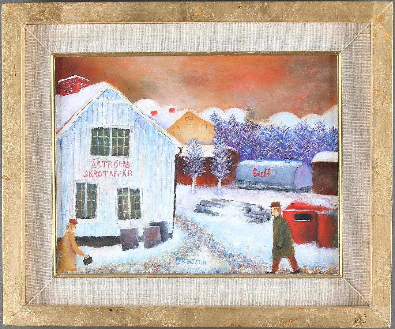 PER WESTIN. "Skrotaffären i Kramfors", Olja på pannå, signerad.