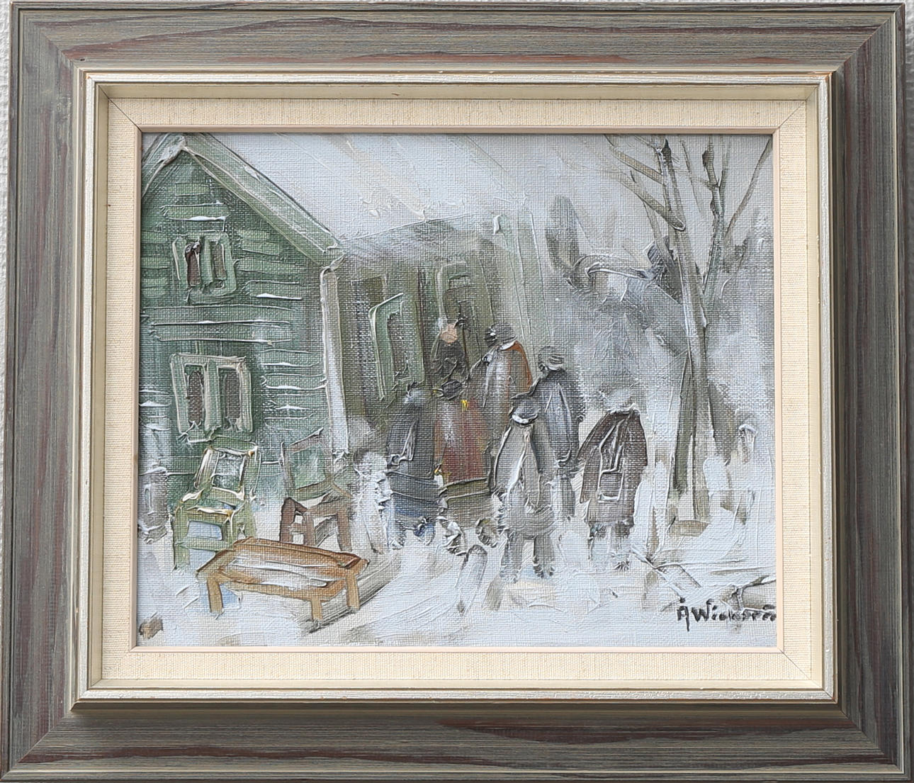 ÅKE WICKSTRÖM. Folksamling vid gård. Olja på duk, signerad.