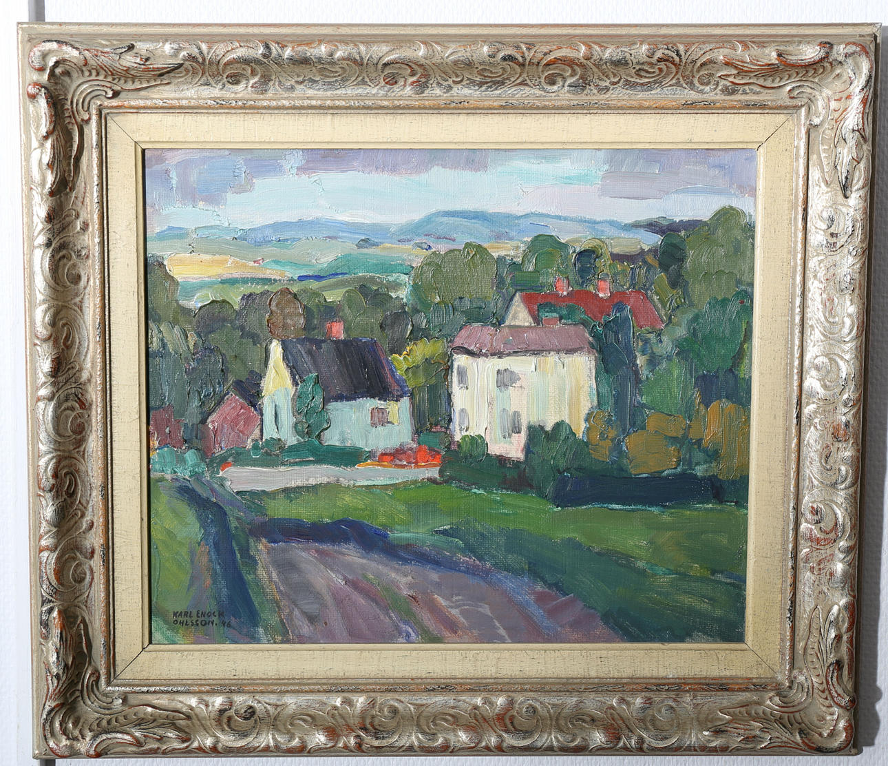KARL ENOCK OHLSSON. Olja på pannå, Landskapsbild med hus, signerad, daterad -46.
