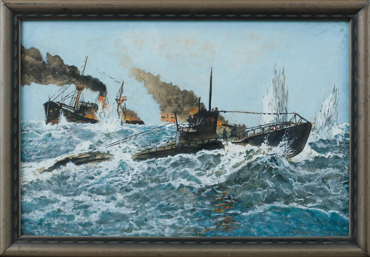 OIDENTIFIERAD KONSTNÄR. Barco en llamas, acuarela.