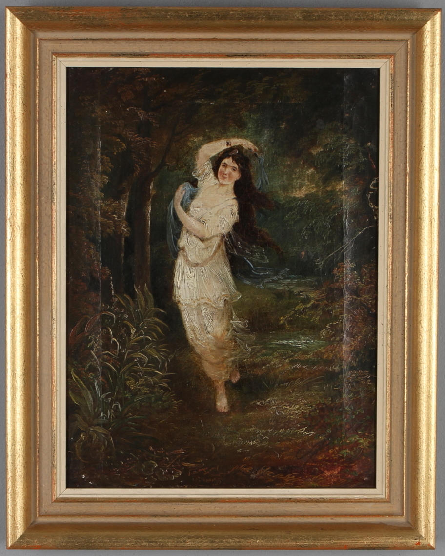 OKÄND KONSTNÄR. Dansande kvinna, olja på duk, monogramsignerad.