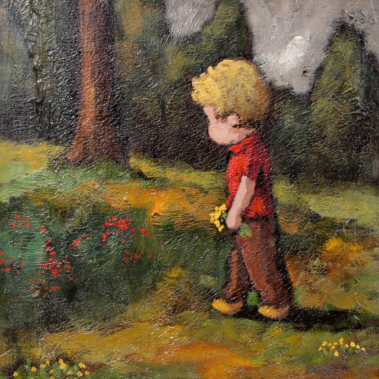 HELGE LINDHOLM. Olja på duk, pojke med blommor, signerad.