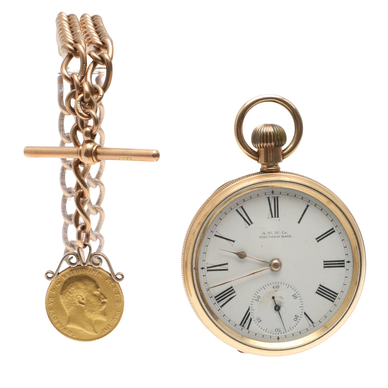 A 9CT GOLD WATCH CHAIN.