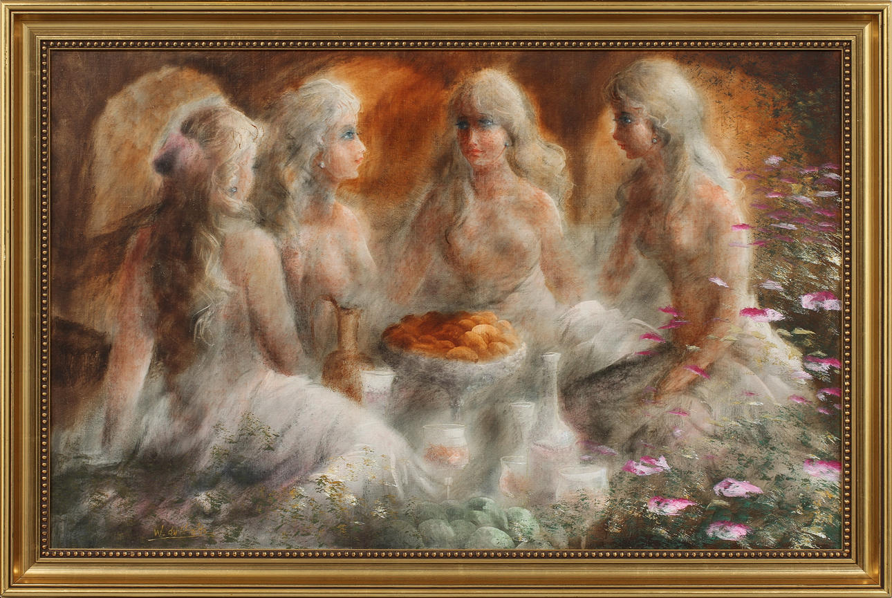 WALTER DU HALDE. Flickor, olja på duk, signerad.