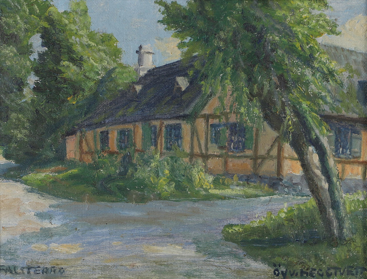 ØYVIND HEGGTVEIT. Half-timbered house, oil on panel, signed.