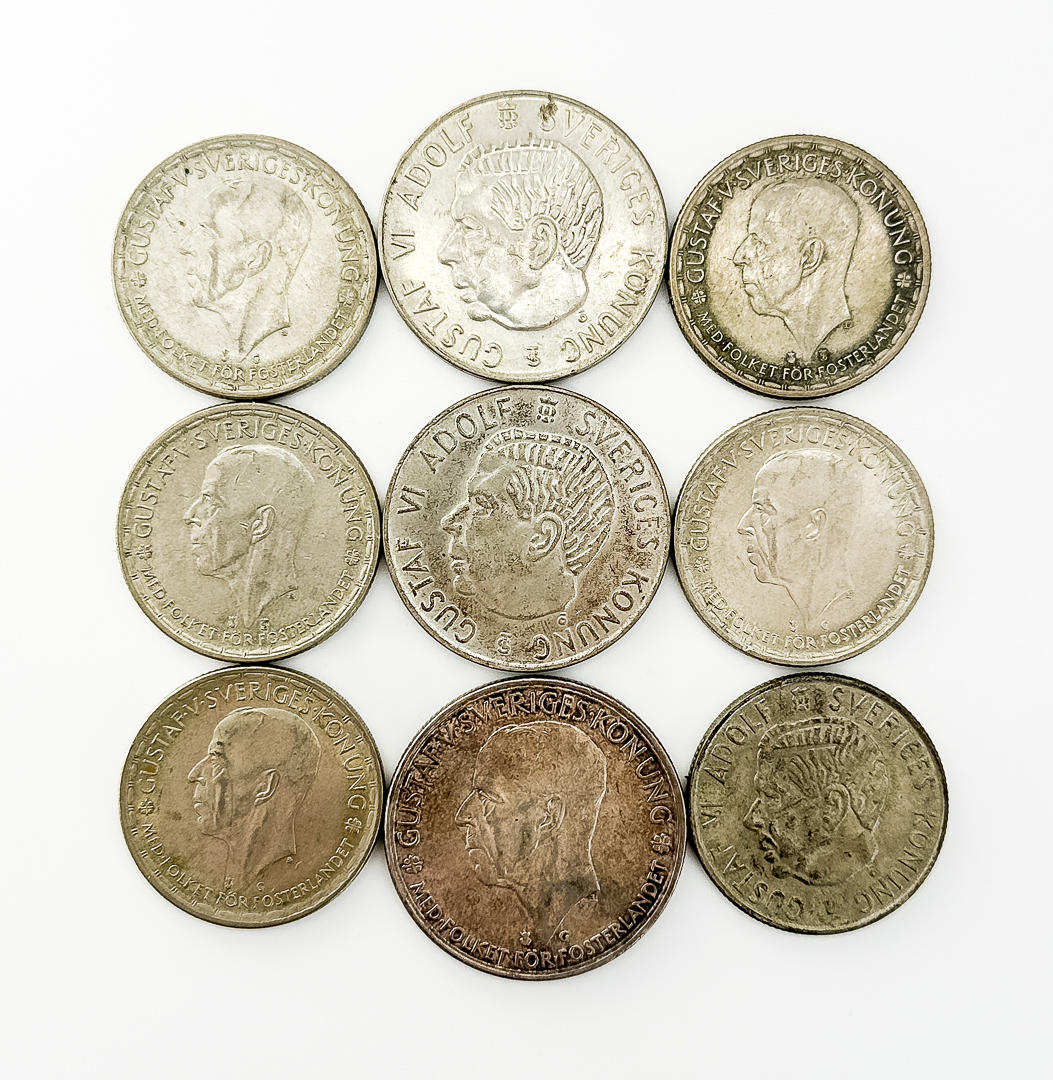 MØNTER, 9 stykker af 5 kroner og 2 kroner, sølv.