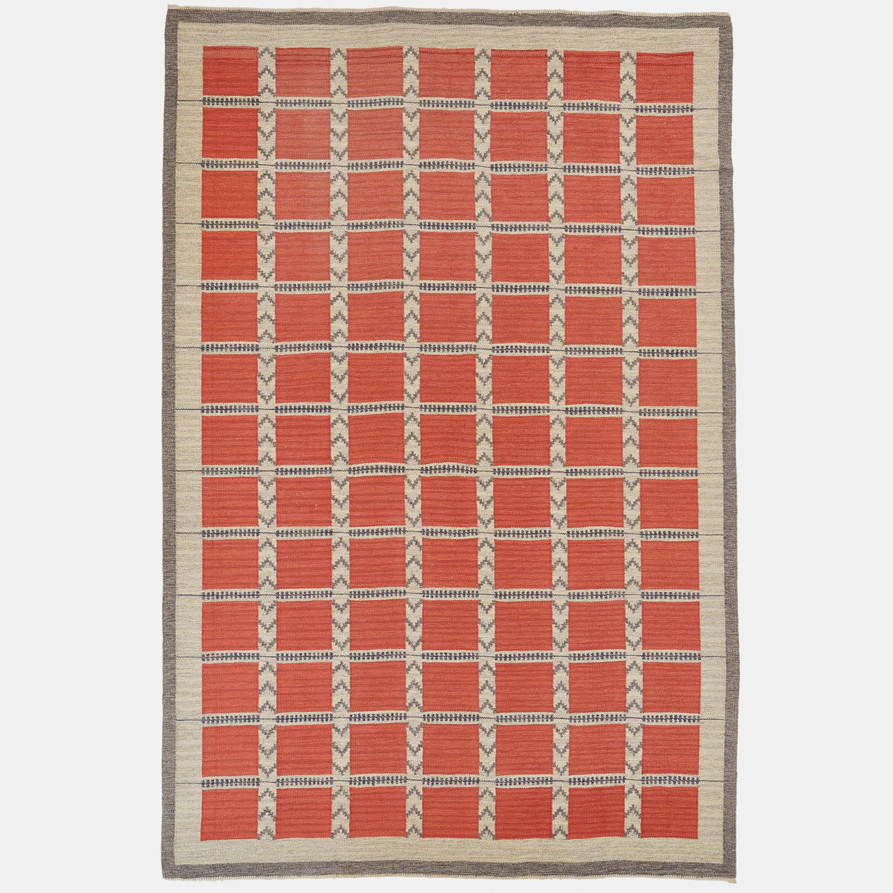 RUG, flat weave, Sweden 1950's, geometric pattern in red, white and grey with partial blue elements, 361 x 239 cm.