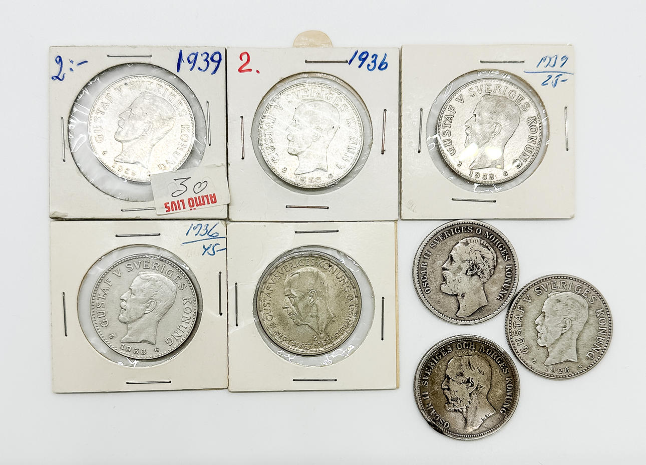 MØNTER, 8 stk 2-kroner, 80% sølv.