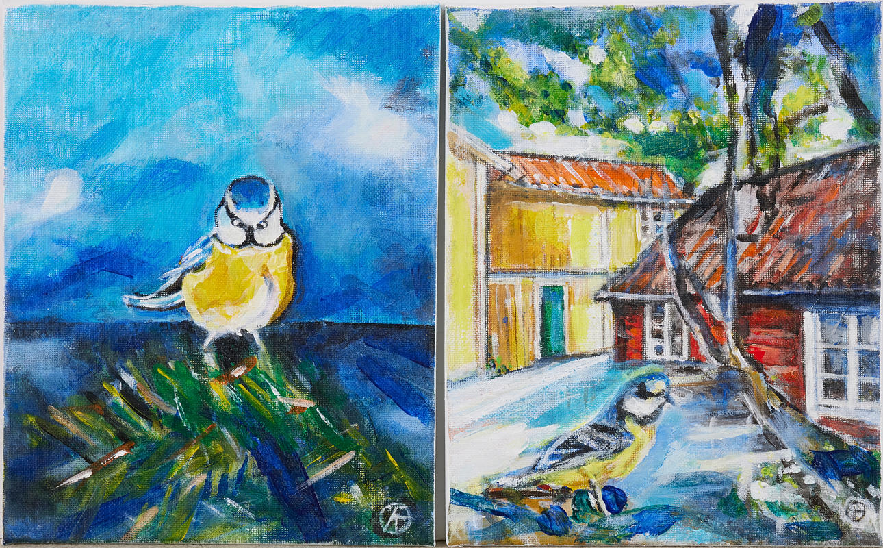 ANITA FRÖDING (FÖDD 1942). (2) “On green twig”, “Aunt Bruns Café”, oil on canvas.