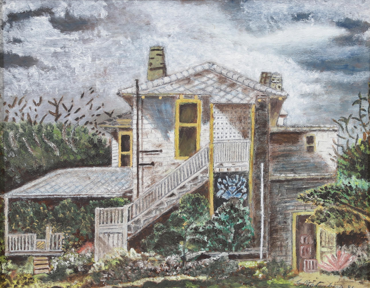 OIDENTIFIERAD KONSTNÄR. Edificio, óleo sobre tabla, firmado y fechado.