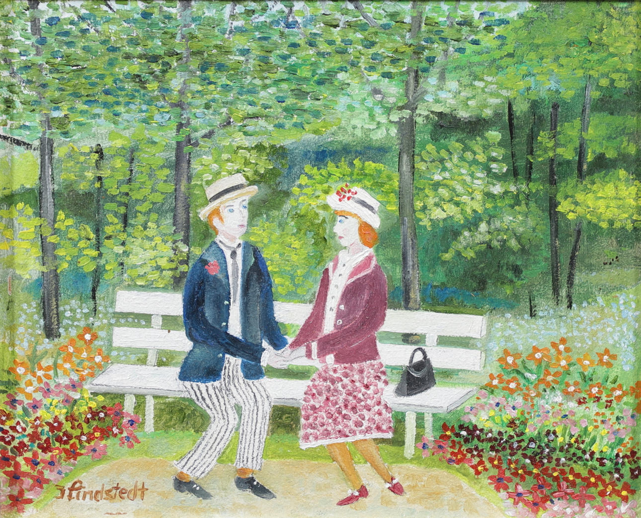 INGE LINDSTEDT. Couple on bench, oil on panel, signed.