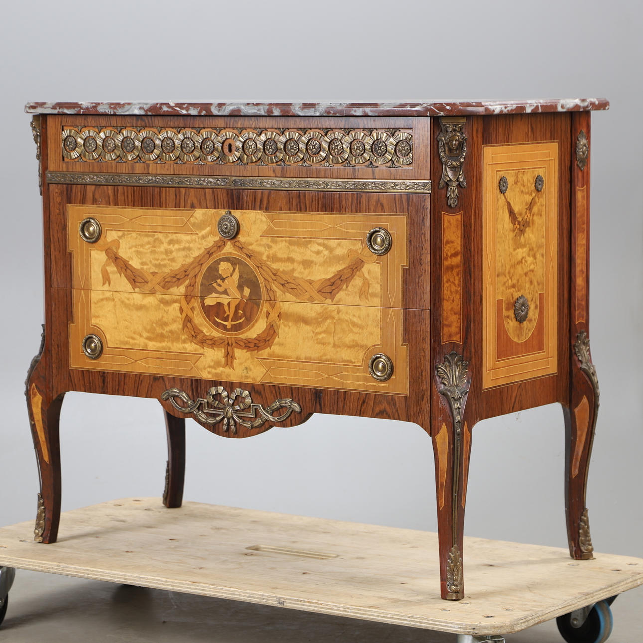 Chest of drawers, 3-door, intarsia with stone top, Gustavian style ...