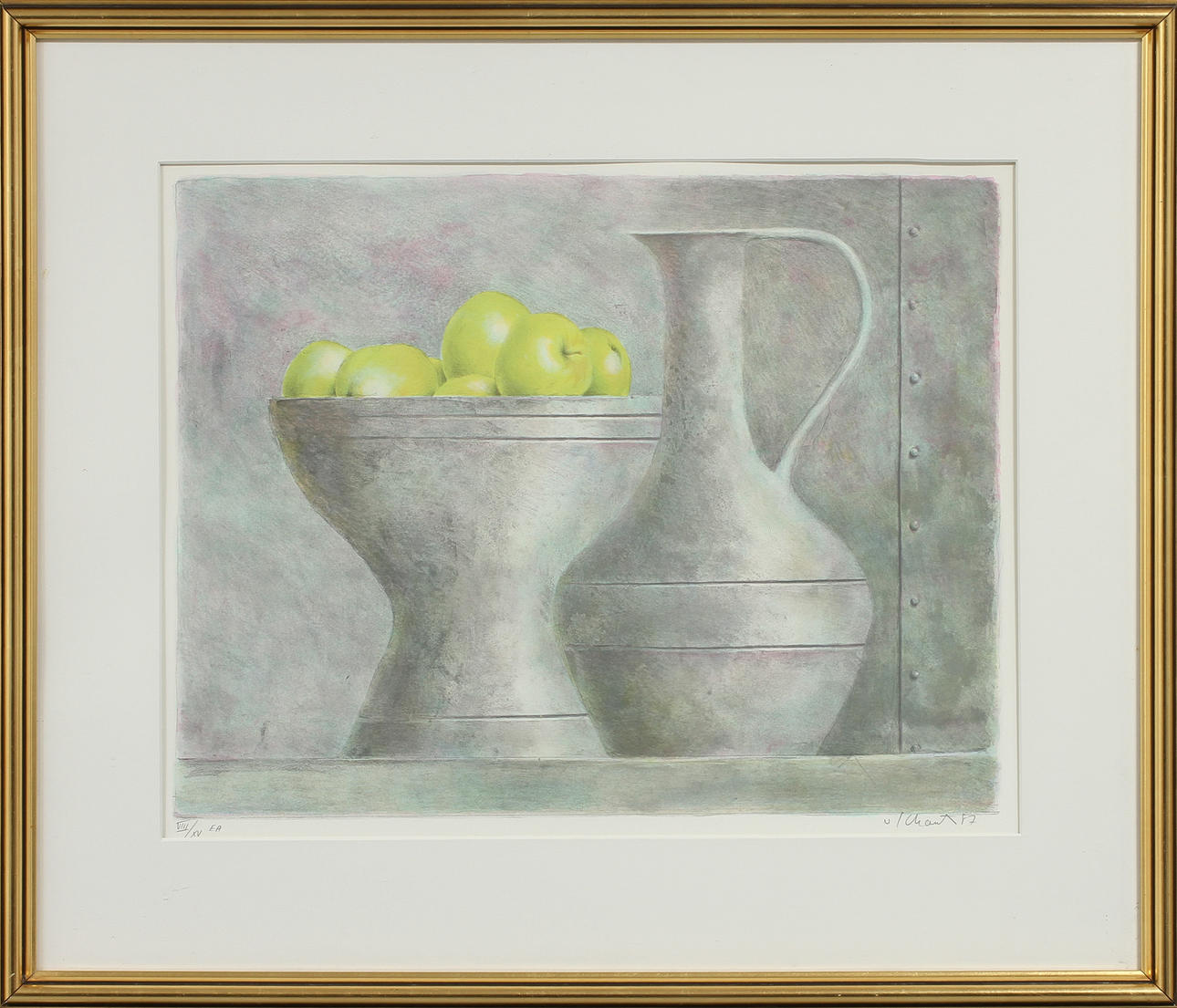 PHILIP VON SCHANTZ. Stilleben med kanna och äpplen. Färglitografi, signerad -87 och numrerad VIII/XV E.A.