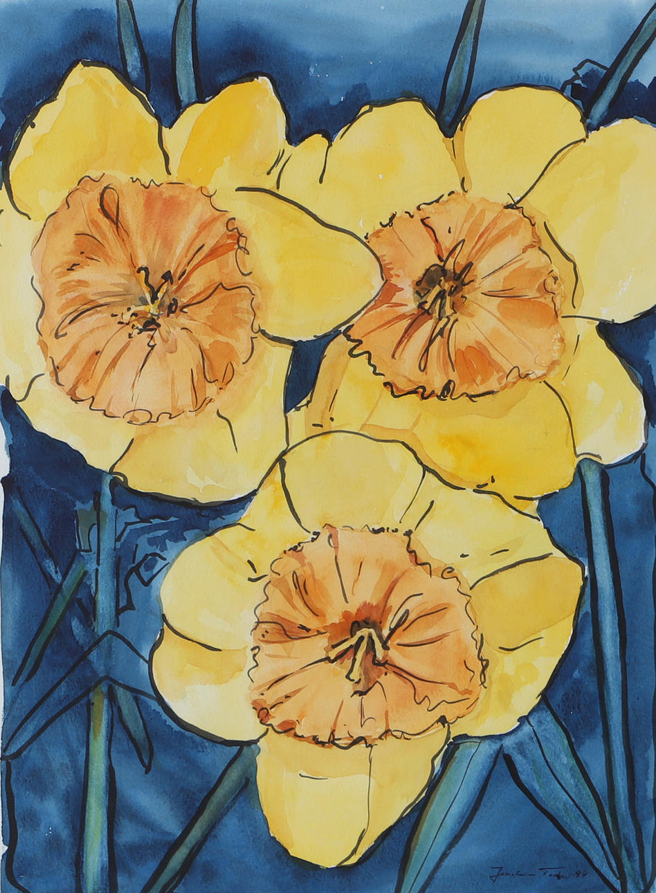 JOACHIM TODE. Yellow flowers, watercolor, signed.