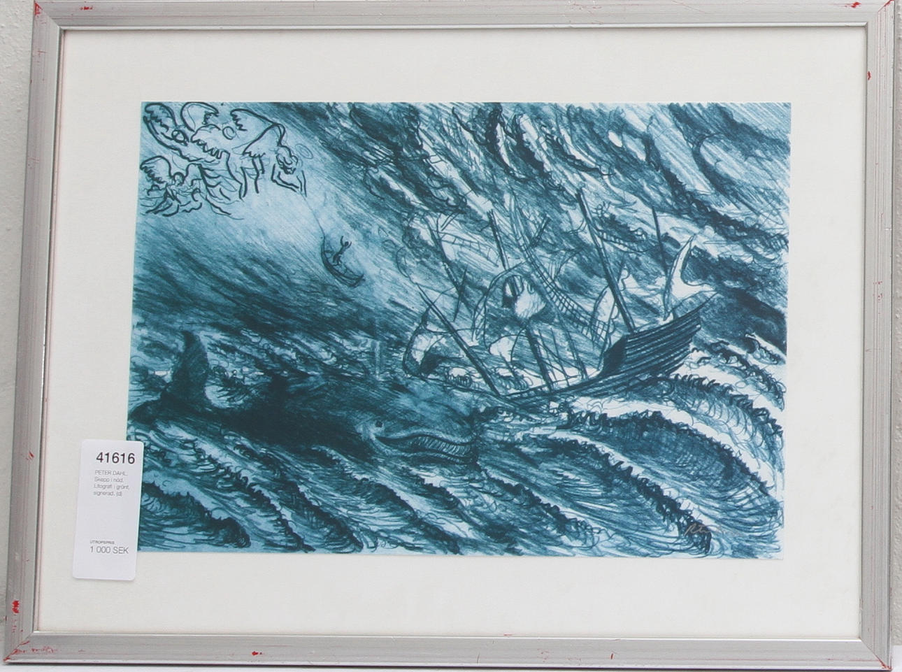 PETER DAHL. Skepp i nöd. Litografi i grönt, signerad.