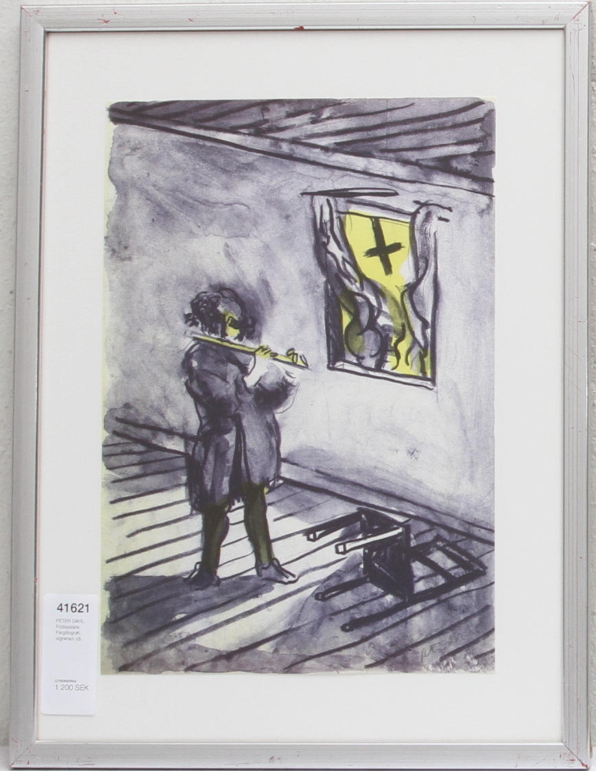 PETER DAHL. Flöjtspelare. Färglitografi, signerad.