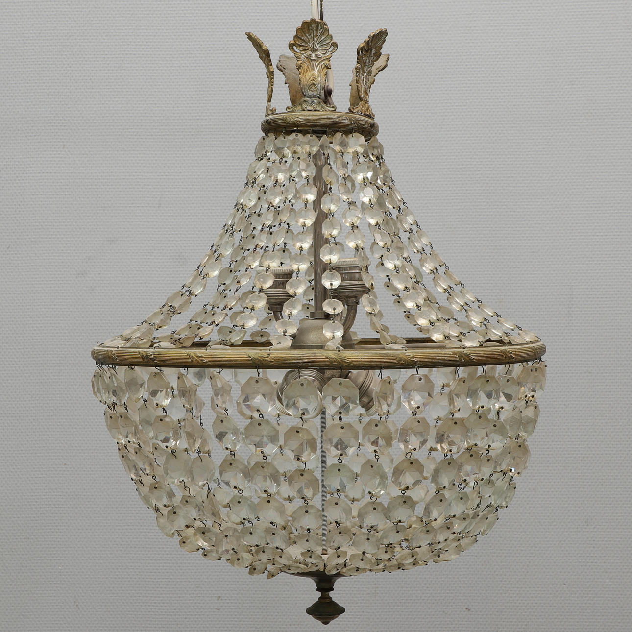 KRYSTAL LYSEKRONE, kurvelampe, messing.