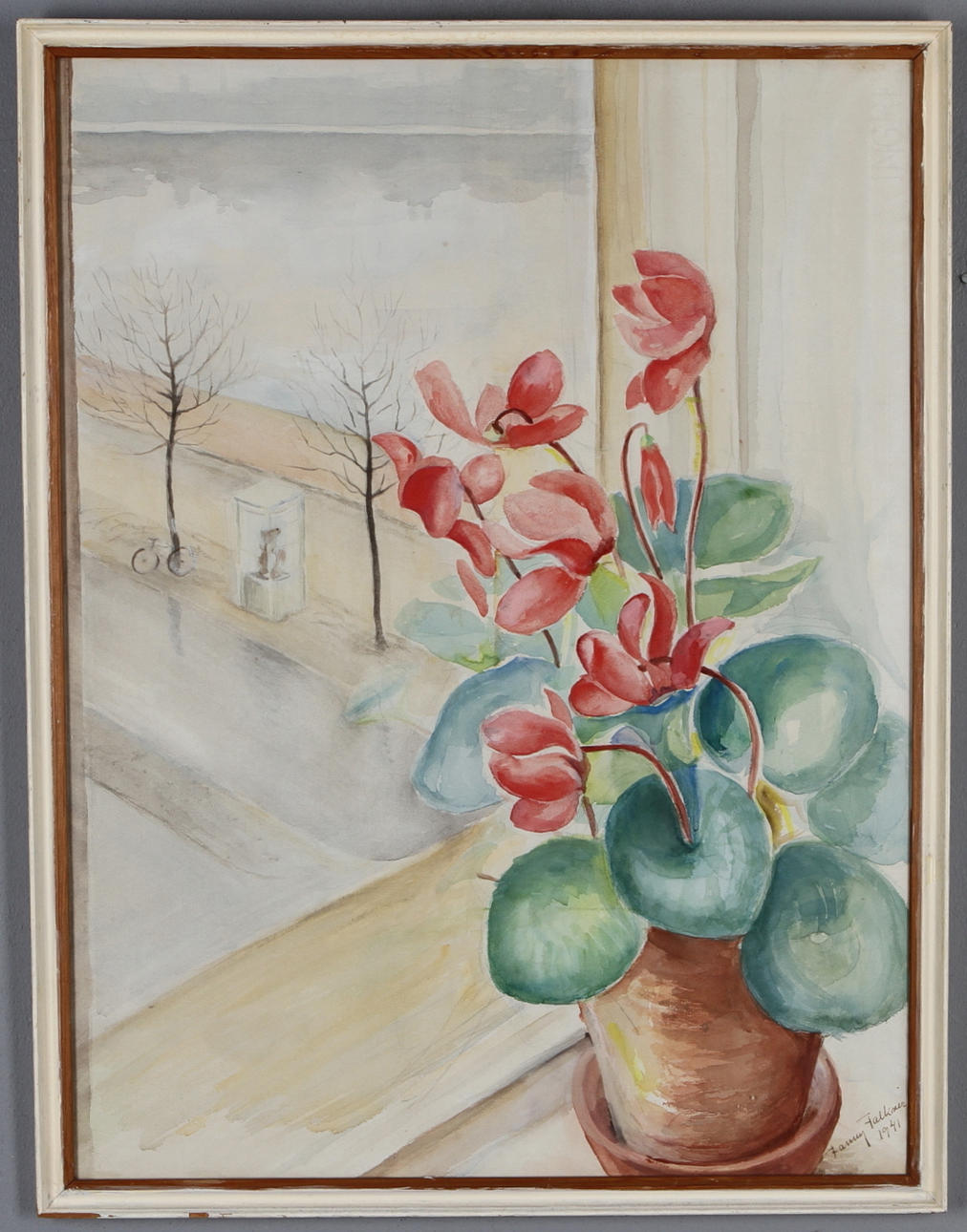 FANNY FALKNER. Cyklamen i fönster, akvarell, signerad och daterad 1941.