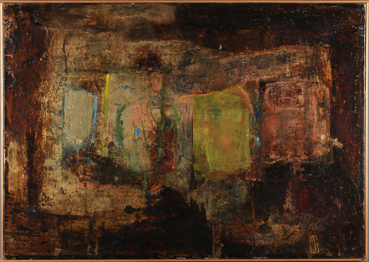 OLLE GUSTAFSSON. "Slagbord med gamla ting", olja på duk, signerad.