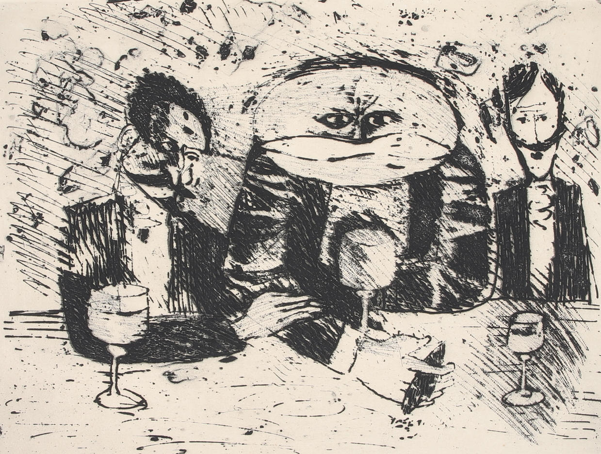 NISSE SKOOG. Etching, “Falks Gille”, signed, dated -57.