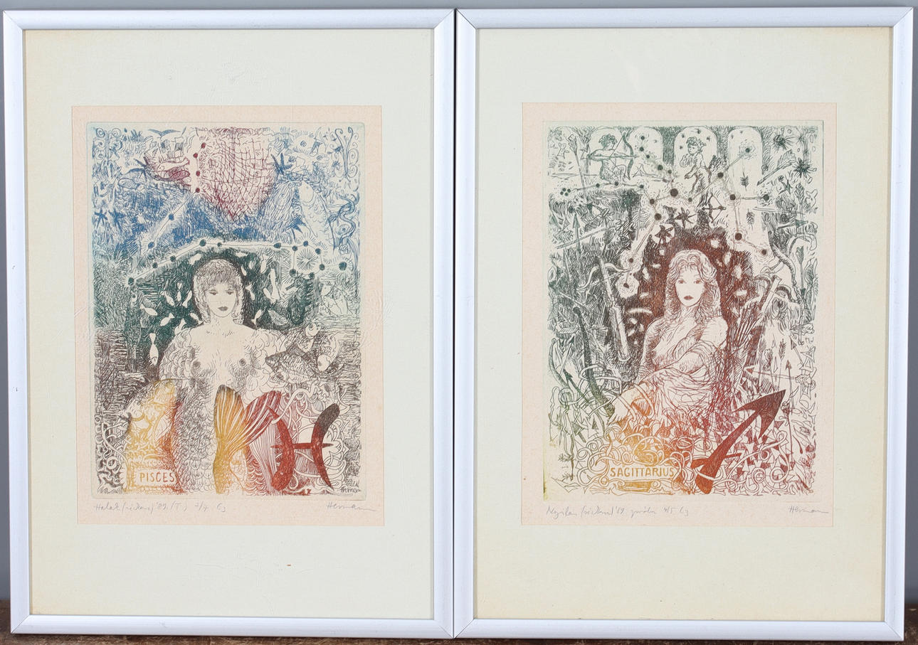OIDENTIFIERAD KONSTNÄR. 2 etsausta, Horoskooppimerkit, signeerattu Hermann.