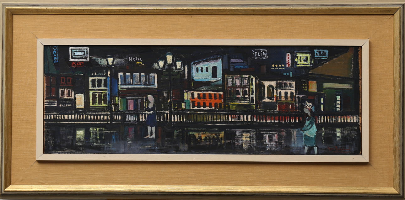 GUNNAR BERGLUND. Nyhavnnatt i Köpenhamn, olja på pannå, signerad.