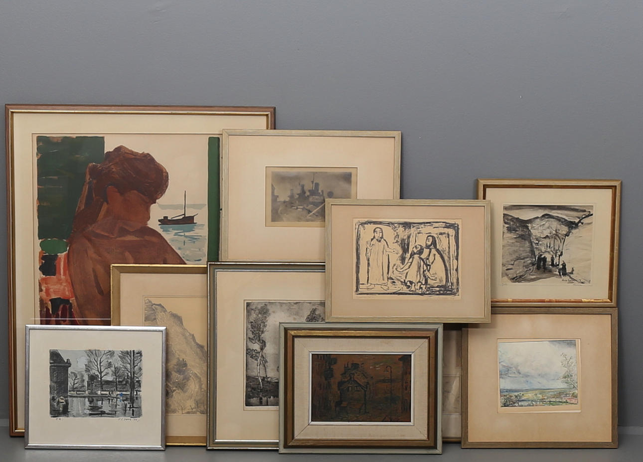 PARTI KONST, 10 st, olika motiv, akvareller, färglitografier etc, signerade bl a Olson och Schyl.