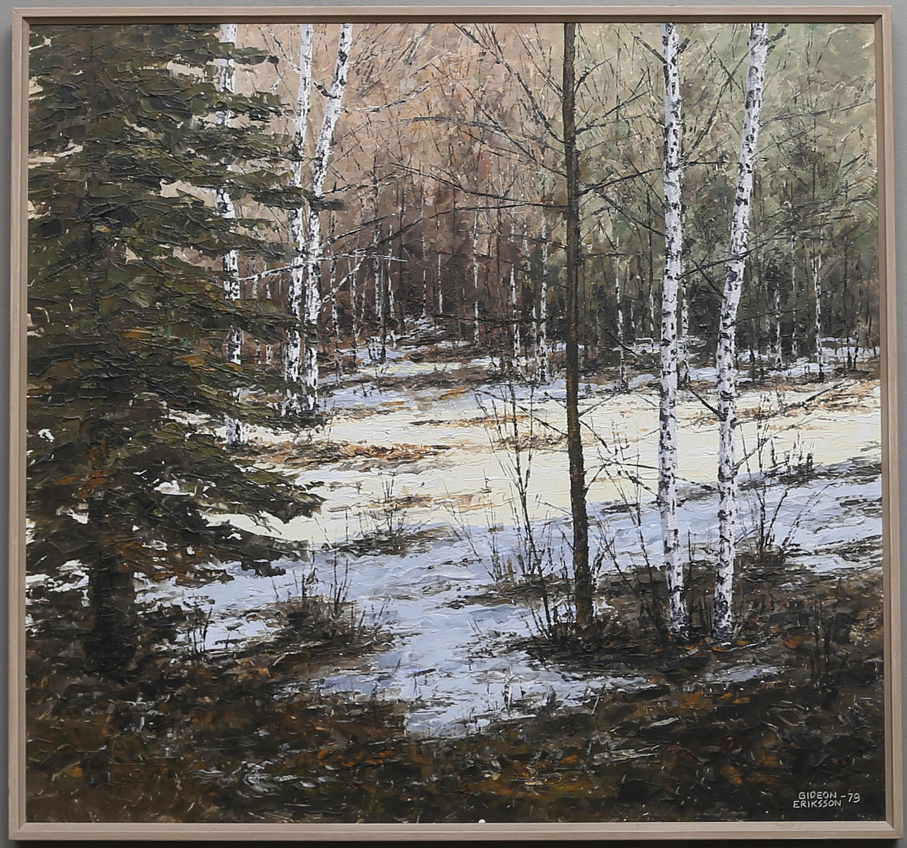 GIDEON ERIKSSON. Vårlandskap med björkar. Olja på pannå. Signerad och daterad -79.
