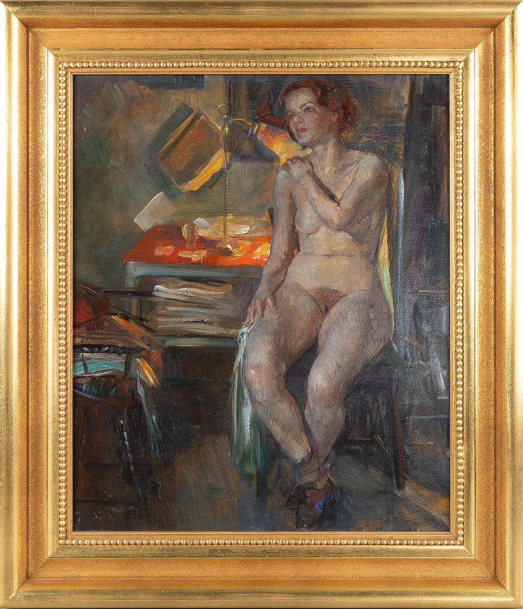 AXEL  WALLERT. Interieur mit Aktmodell, Öl auf Leinwand.