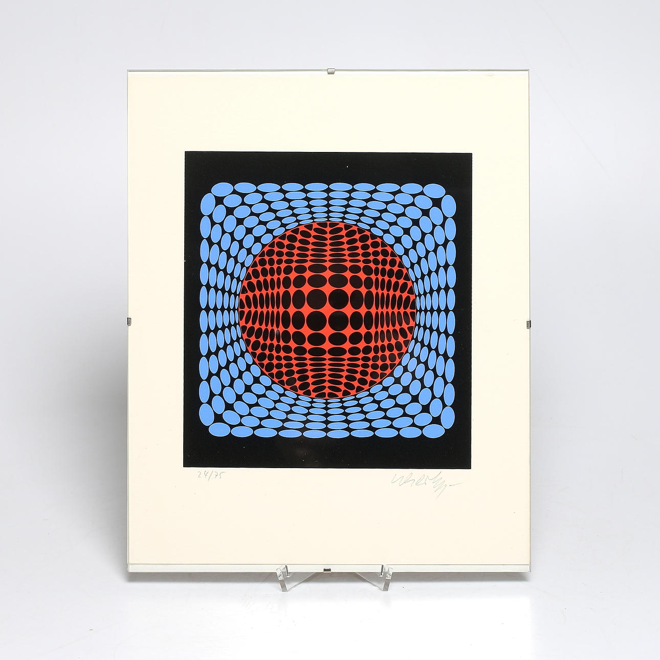 VICTOR VASARELY. Komposition i svart, blått och rött, färglitografi, signerad och numrerad 24/75.