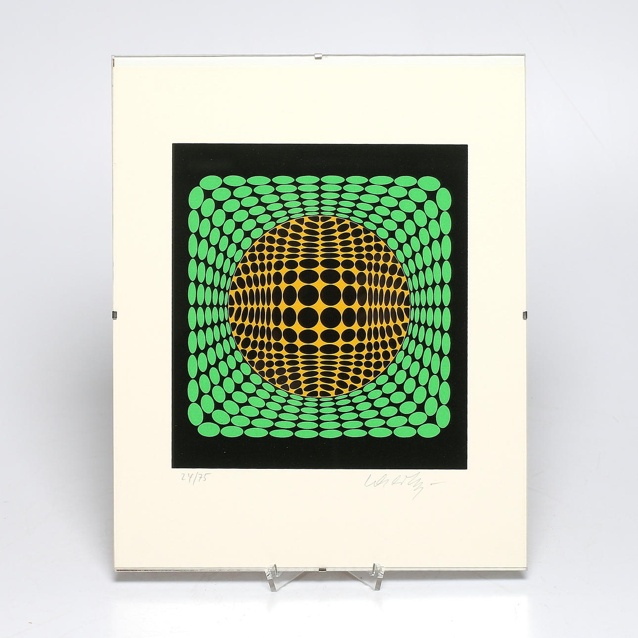 VICTOR VASARELY. Komposition i svart, grönt och gult, färglitografi, signerad och numrerad 24/75.
