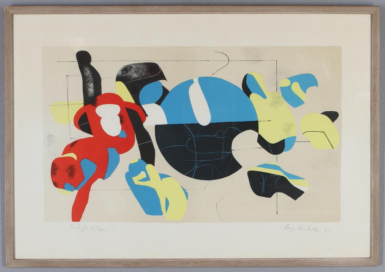 LAGE LINDELL. Komposition, färglitografi, signerad.