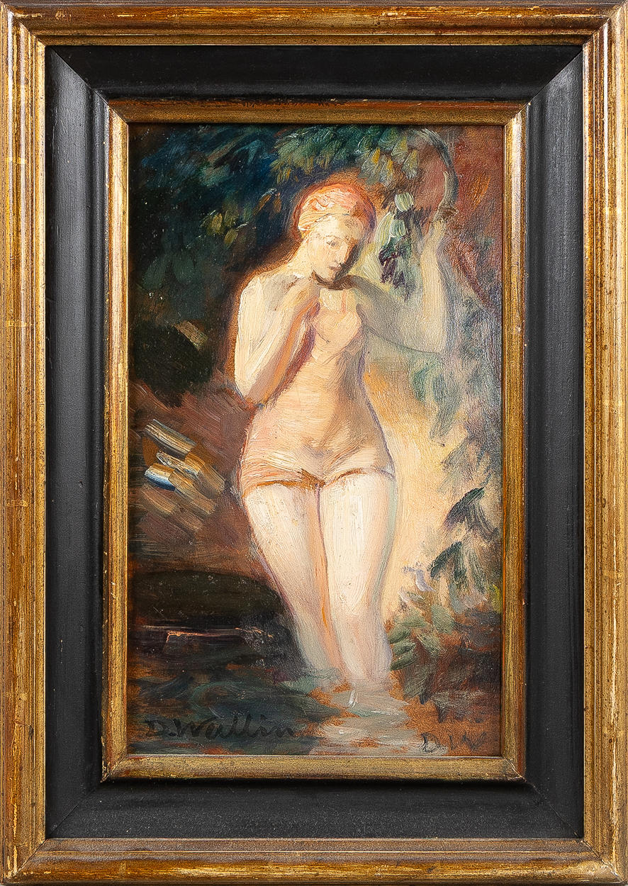 DAVID WALLIN. Nainen uimapuvussa, öljy paneelilla.