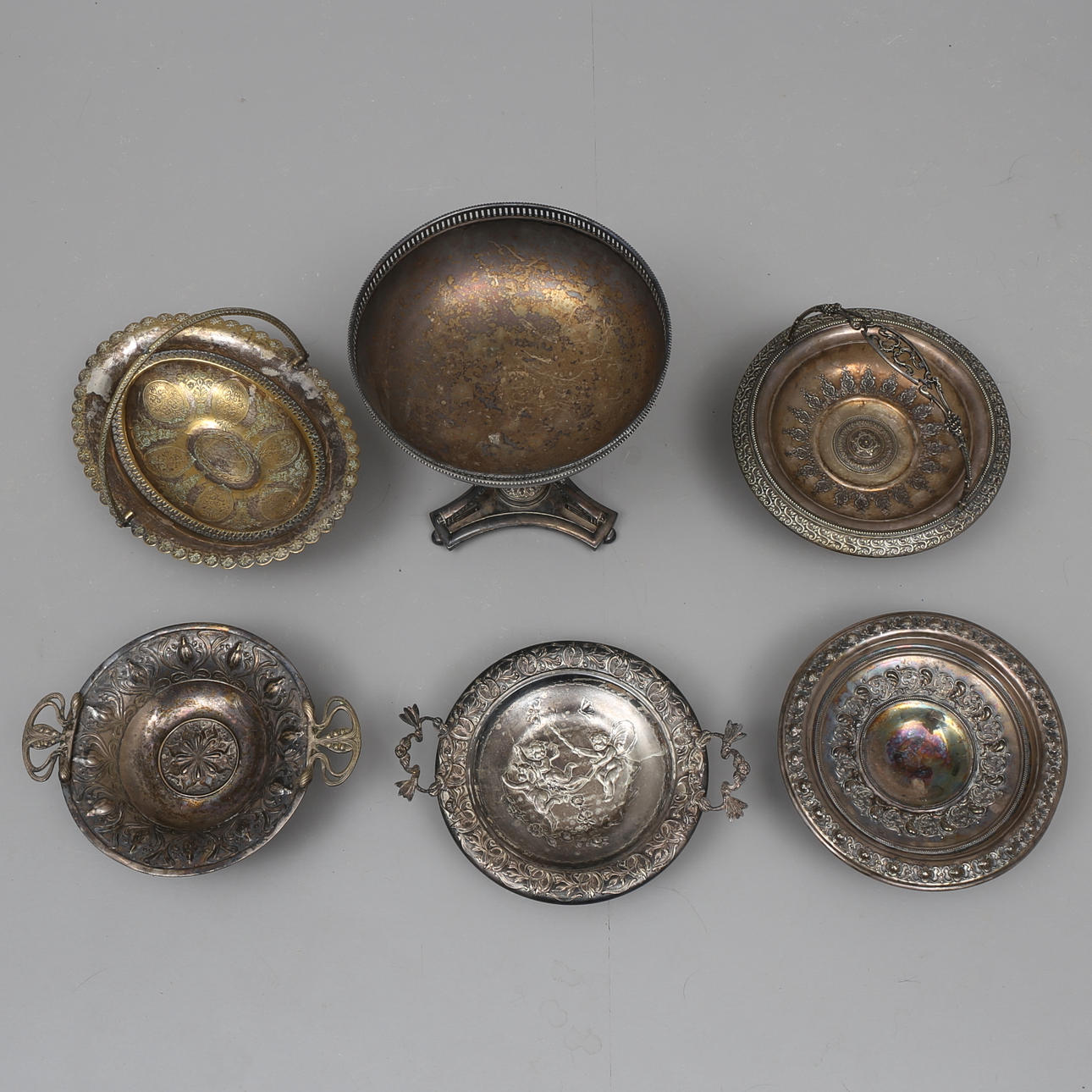 KAKFAT, 5 st samt SKÅL på fot, nysilver, nickel, 1900-talets början.