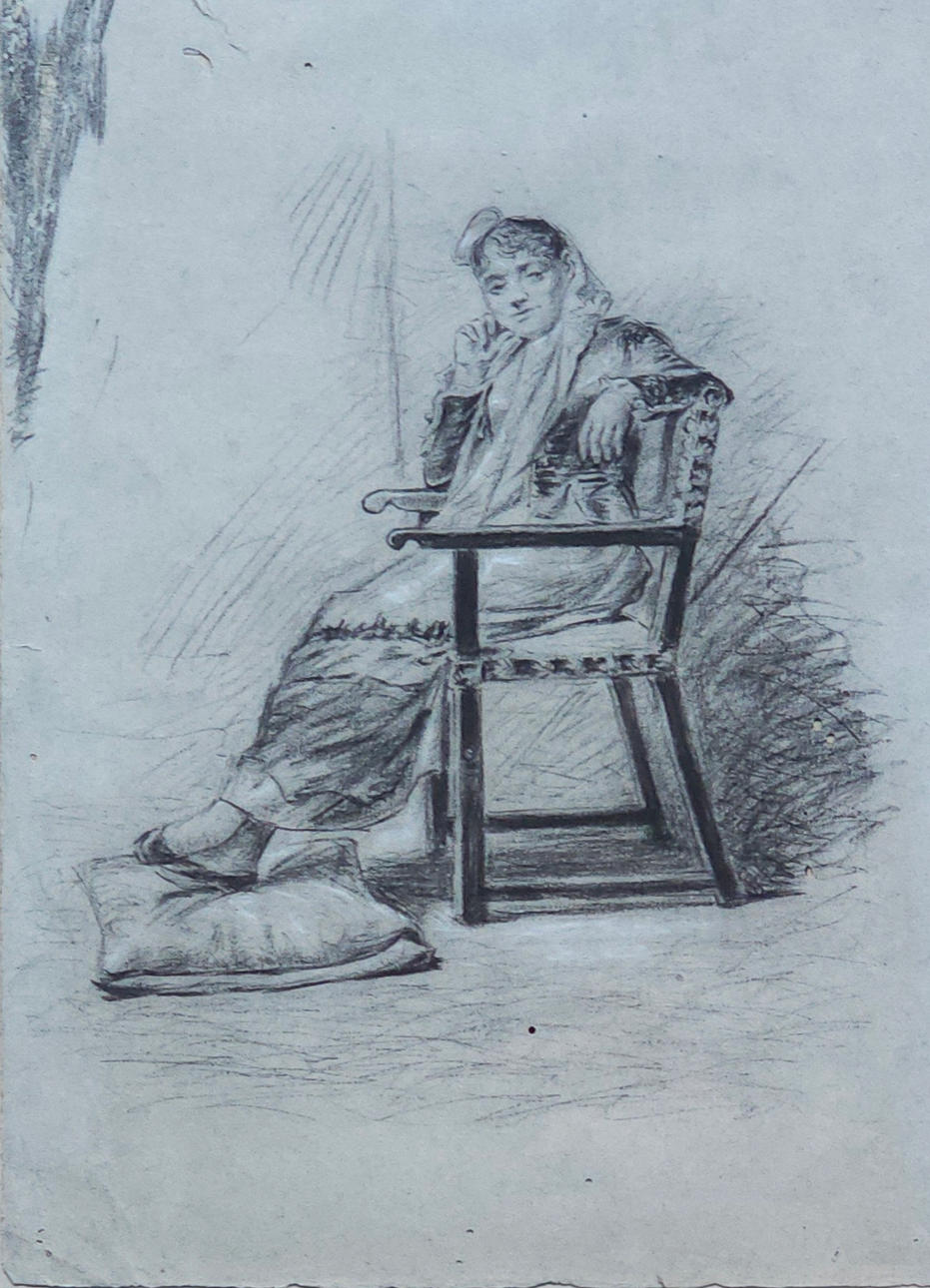 ANÓNIMO. Seated lady, charcoal drawing on paper.
